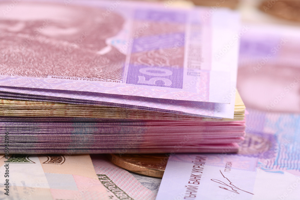 Pile of Ukrainian money, close up Pile of Ukrainian money, close up