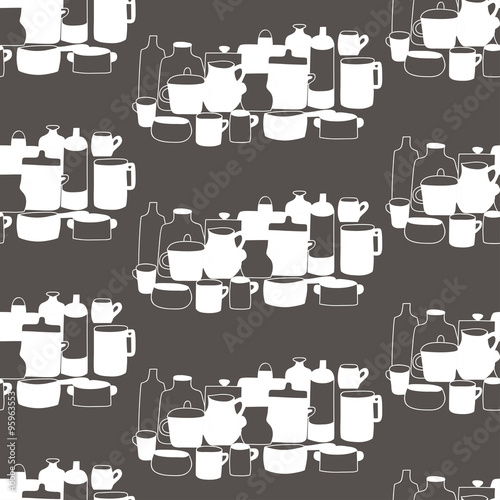 Hand drawn white outline tableware on gray background.