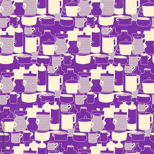 Hand drawn white outline tableware on violet background.