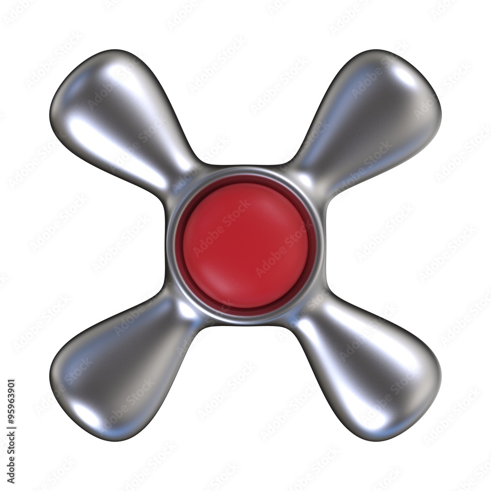 Water tap with red plastic center. Top view. 3D render illustration isolated on white background Water tap with red plastic center. Top view. 3D render illustration isolated on white background