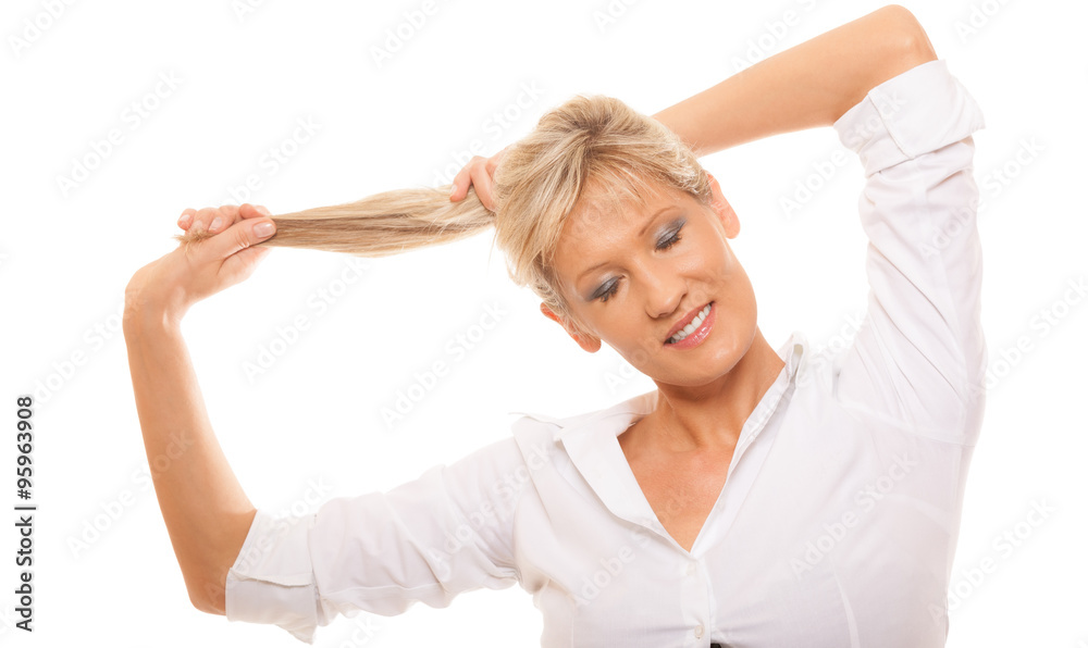 portrait mature woman blonde holding her long hair portrait mature woman blonde holding her long hair