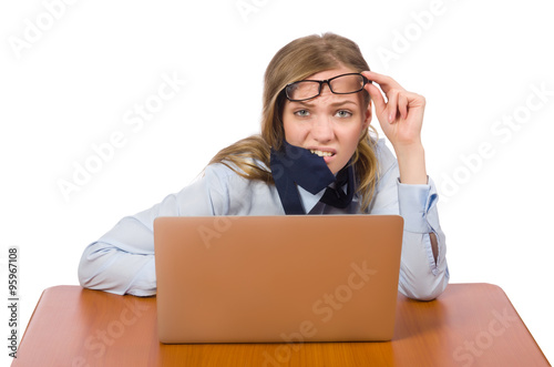 Office employee at job isolated on white