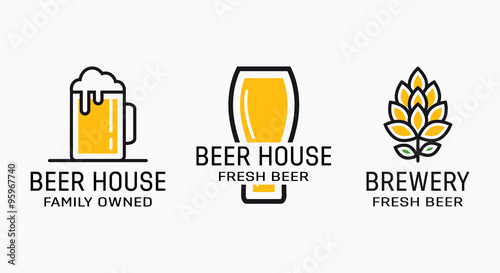 Set of vintage beer and pub logos. Labels with bottles, hops, and bocal