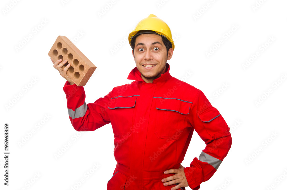 Construction worker with clay bricks on white Construction worker with clay bricks on white