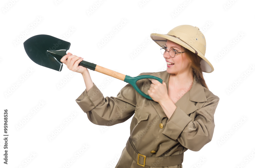 Woman wearing safari hat on white Woman wearing safari hat on white