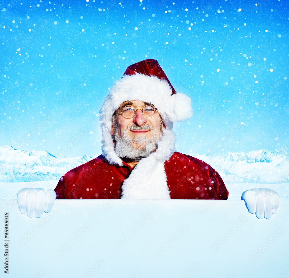 Santa Claus Holding a Blank Sign Snowing Concept Santa Claus Holding a Blank Sign Snowing Concept