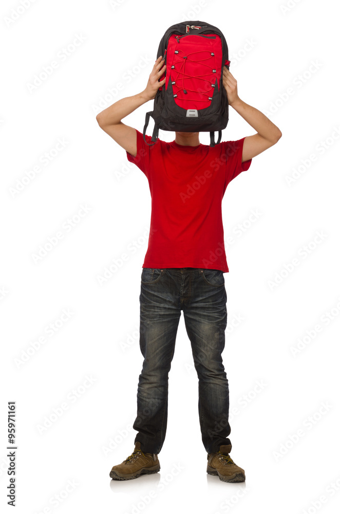 Young traveller with backpack isolated on white Young traveller with backpack isolated on white