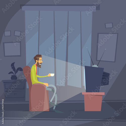 Man Sitting Watching Tv Home Chair Drink Coffee Night