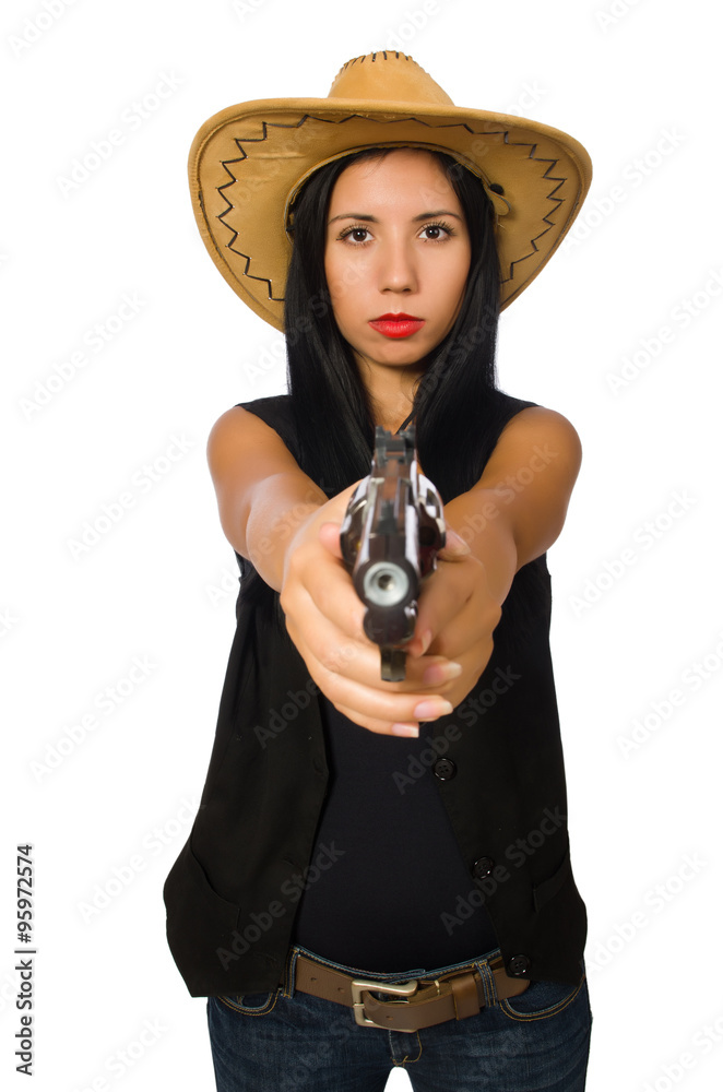 Young woman with gun isolated on white Young woman with gun isolated on white
