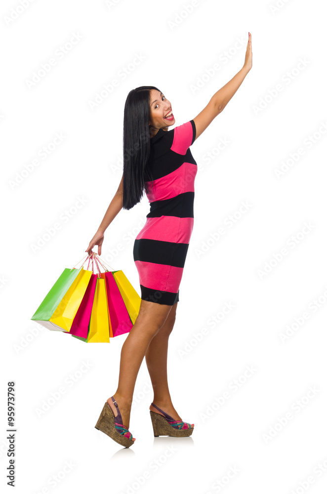 Woman in christmas shopping concept on white Woman in christmas shopping concept on white