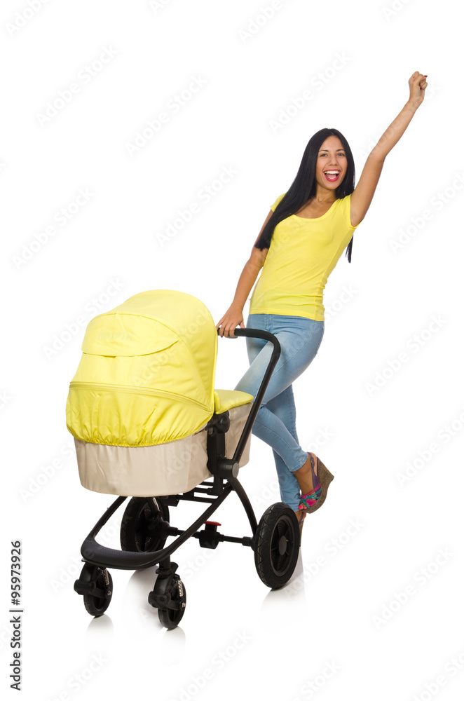 Woman with baby and pram isolated on white Woman with baby and pram isolated on white
