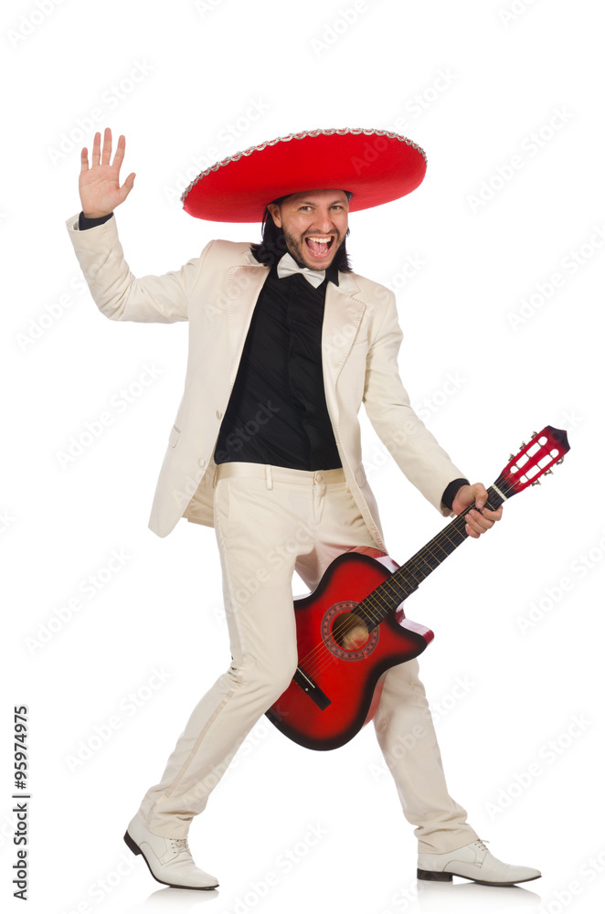 Funny mexican in suit holding guitar isolated on white Funny mexican in suit holding guitar isolated on white