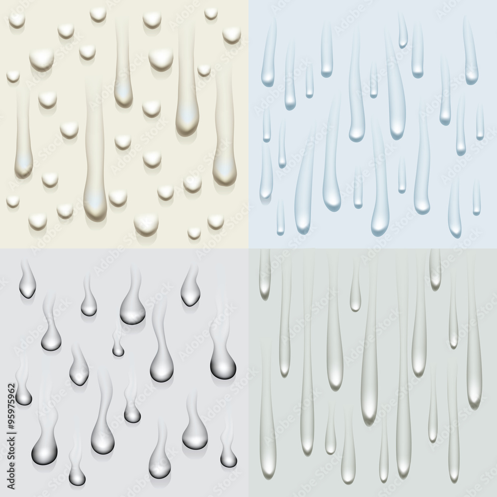 Set of four drip drop illustration backdrop elements with different types of drips.