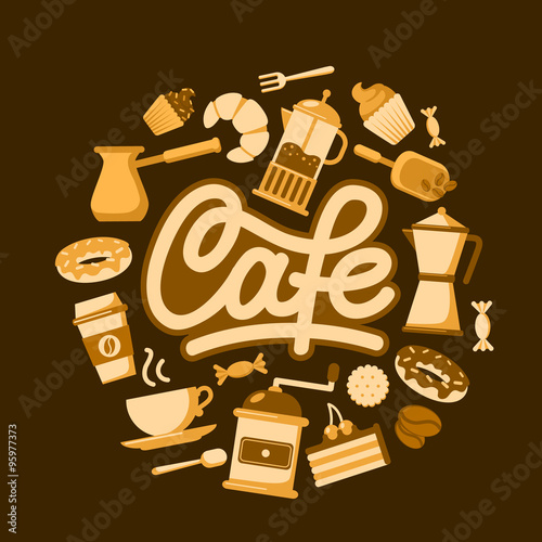 Circle shape of coffee making implements and snacks.