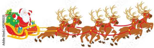 Magic reindeers flying Santa Claus with a sack of gifts in his sleigh on Christmas eve
