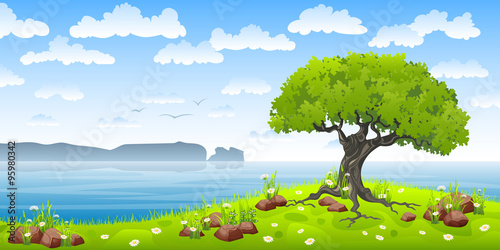 Coastal landscape with tree and flowers