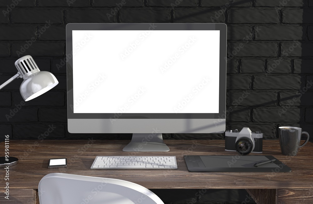 3D illustration PC screen on table in office, Workspace 3D illustration PC screen on table in office, Workspace
