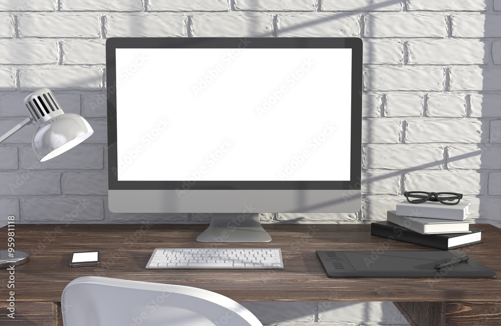 Fototapeta premium 3D illustration PC screen on table in office, Workspace