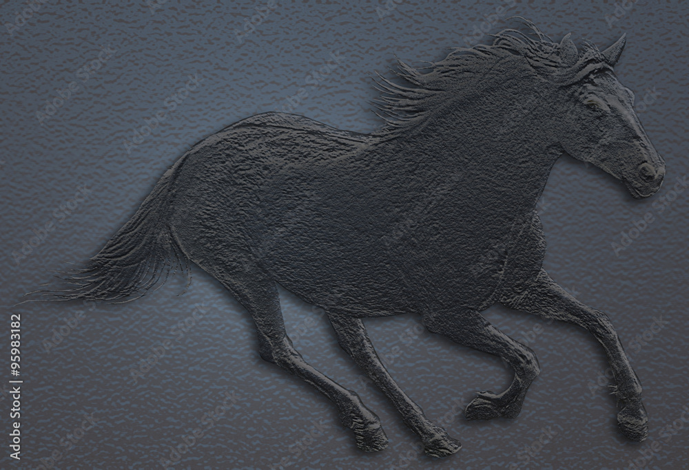 illustration of a horse running with blue background and a raised texture - obrazy, fototapety, plakaty 
