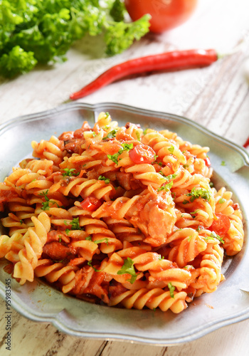 Pasta with hot tomato sauce and chili pepper