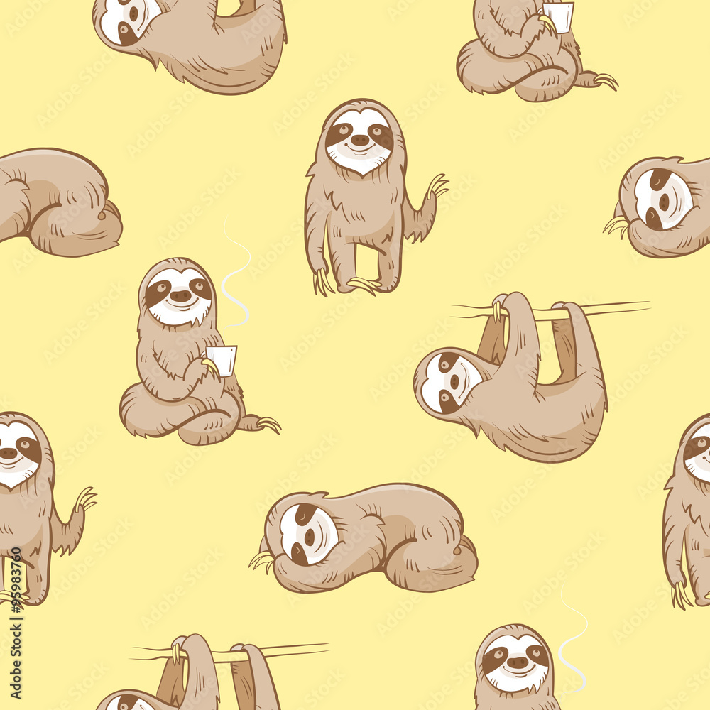 Vector seamless pattern with cute cartoon sloth on yellow ...