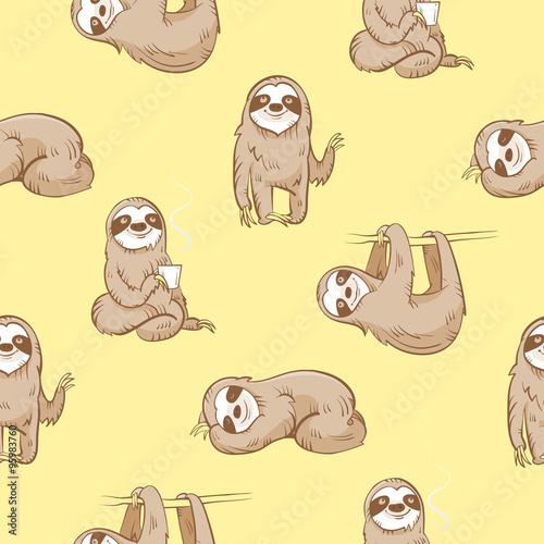 Vector seamless pattern with cute cartoon  sloth  on yellow  background.