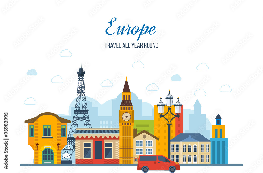 Travel to Europe. French and England landmarks.