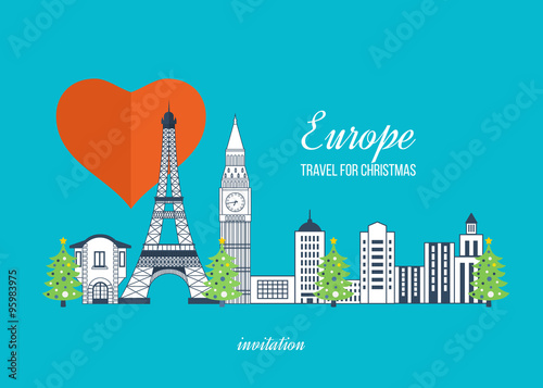 Travel to Europe for christmas. Merry Christmas greeting card design