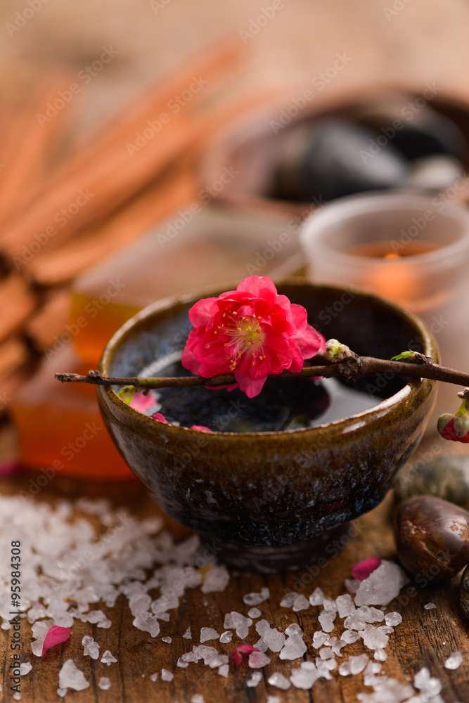 Still life with candle cherry in bowl,soap ,salt Still life with candle cherry in bowl,soap ,salt