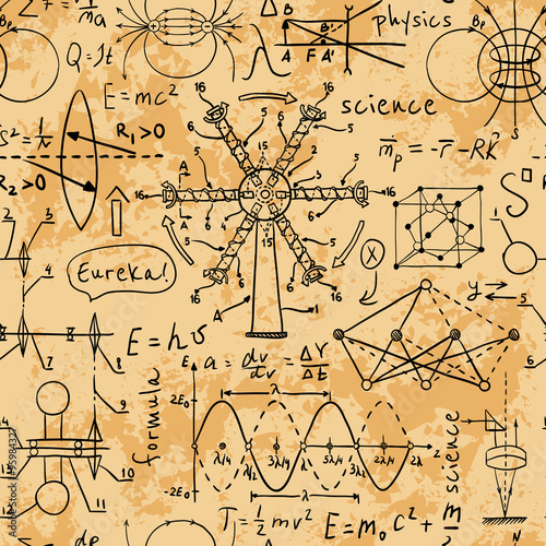 Physical formulas, graphics and scientific calculations. Back to School: science lab objects doodle vintage style sketches on aged paper background. Vintage hand drawn illustration