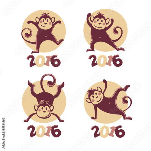 funny monkey silhouettes, vector collection of symbols of 2016