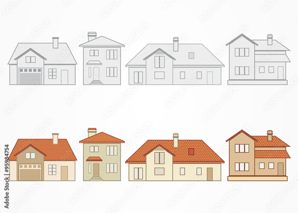 Set of suburban homes. Vector illustration.