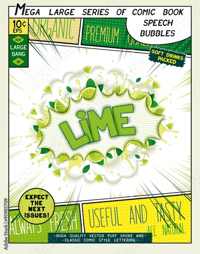Lime. Colorful explosion with fruit, splashes and clouds of smoke with caption in comic style.. 3D realistic pop art speech bubble