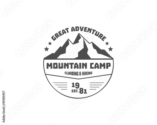 Vintage mountain trekking, climbing hiking camping badge, outdoor logo, emblem and label concept for web, print. Retro stylish round monochrome design. Easy to change color. Vector