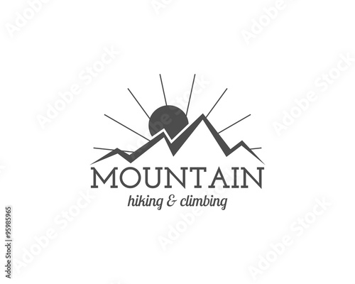 Vintage mountain trekking, climbing hiking camping badge, outdoor logo, emblem and label concept for web, print with sun. Retro stylish monochrome design. Easy to change color. Vector