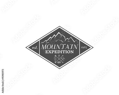 Vintage mountain expedition, climbing hiking camping badge, outdoor logo, emblem and label concept for web, print with sun. Retro stylish monochrome design. Easy to change color. Vector