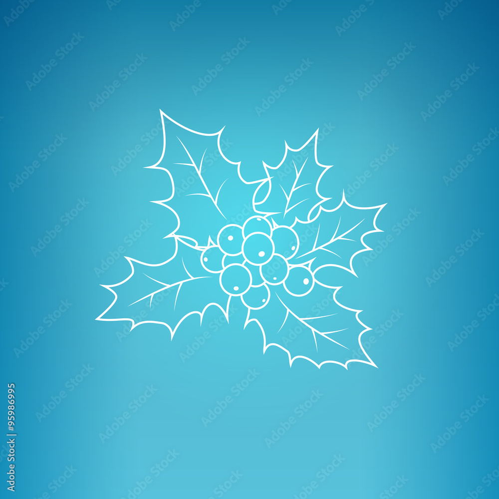 Christmas Holly  Berry on a Blue Background, Christmas Decorations, Drawing in Linear Style , Vector Illustration