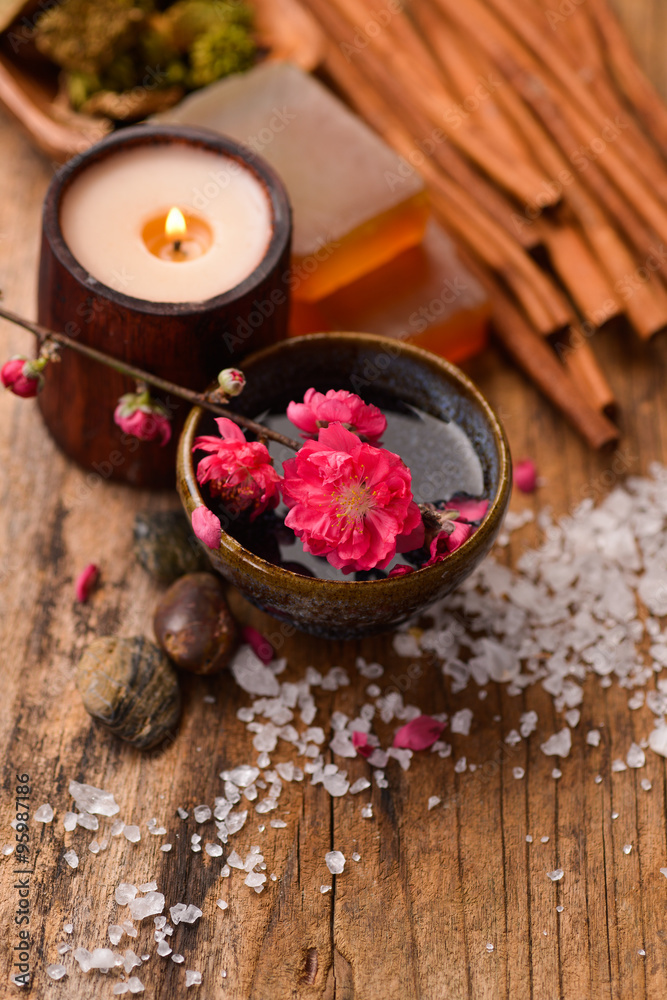 Spa setting on old wooden board Spa setting on old wooden board