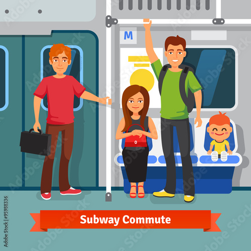 Subway commute. People sitting, standing in train 