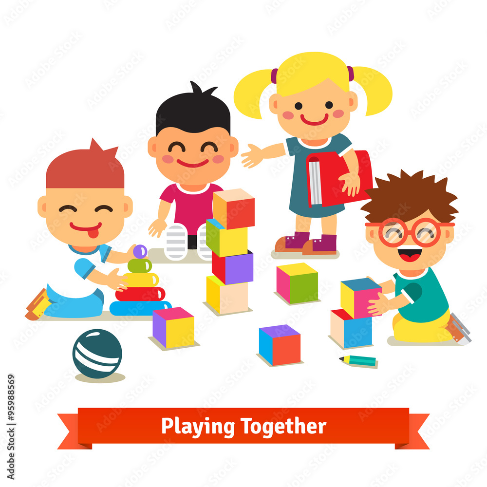 Kids playing with toys in kindergarten room
