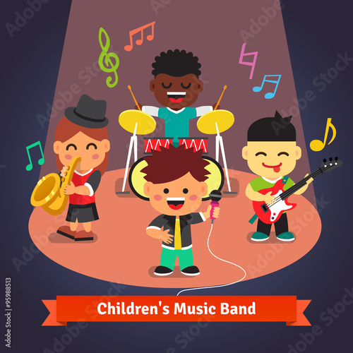 Kids music band playing and singing on stage