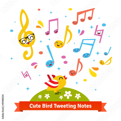Bird tweeting and singing cartoon musical notes