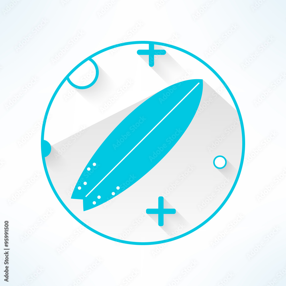 Vector surfboard icon in modern flat design with geometrical ornament. Surfing board with long shadow Vector surfboard icon in modern flat design with geometrical ornament. Surfing board with long shadow