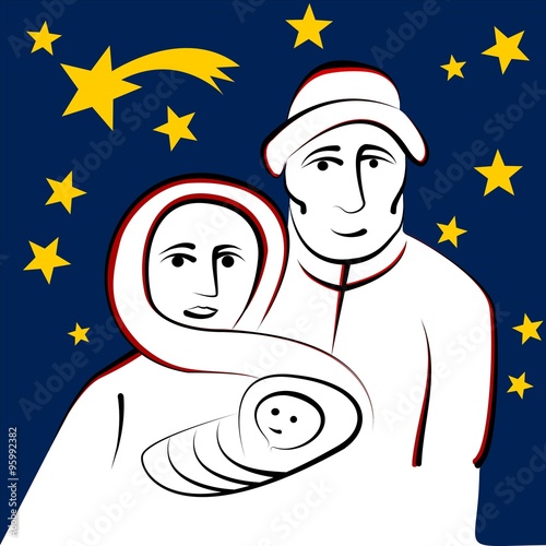 Maria und Josef mit Baby Jesus unter Sternenhimmel