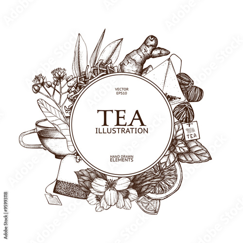 Vector card design with hand drawn tea illustration. Decorative inking background with vintage tea sketch. Sketched template photo