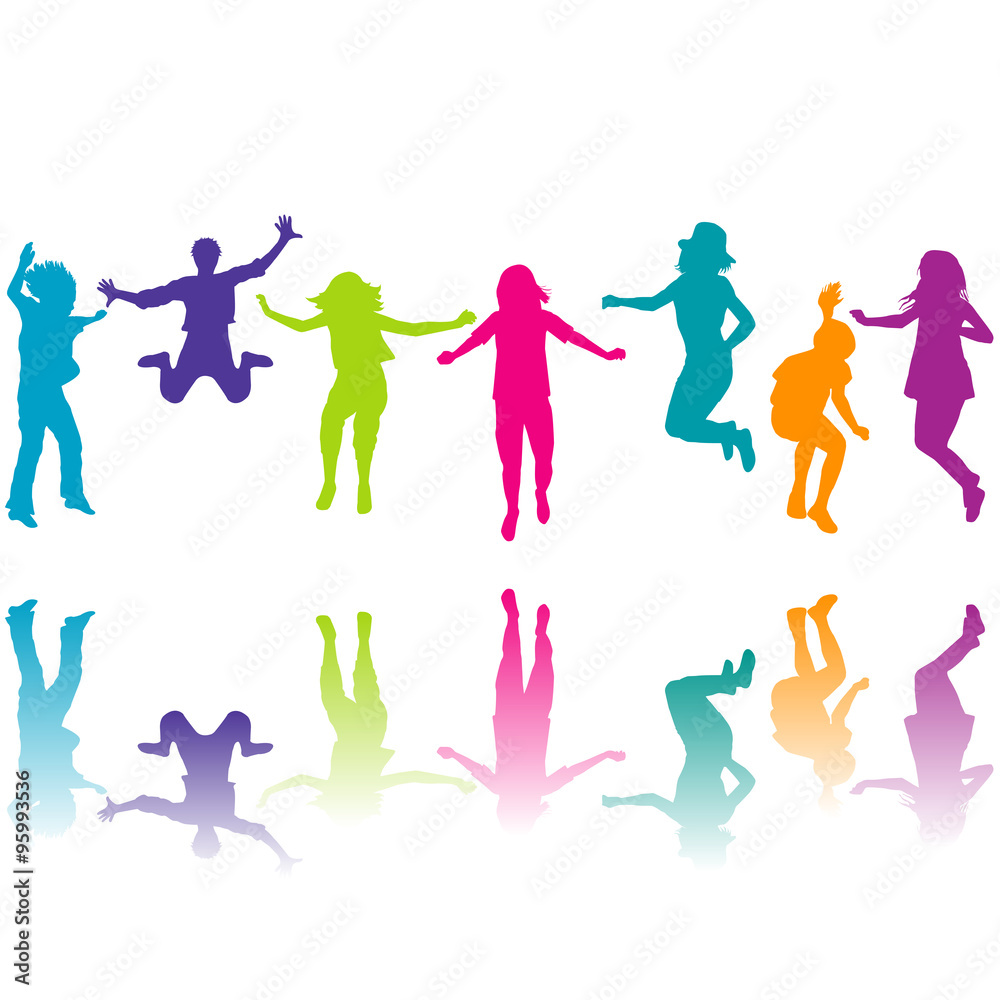 Fototapeta premium Set of colorful children silhouettes jumping