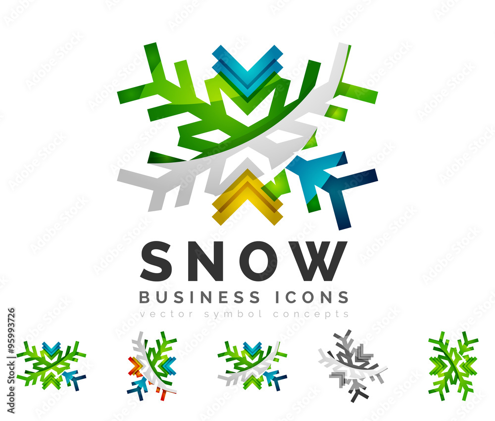 Set of abstract colorful snowflake logo icons, winter concepts, clean modern geometric design