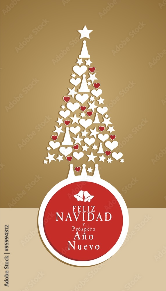 Felicitación Navideña con árbol de Navidad blanco, corazones rojos y fondo  dorado Stock Vector | Adobe Stock