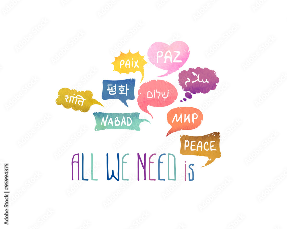 Obraz All we need is Peace. Card with speech bubbles with word 