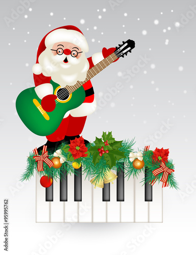 Santa Claus singing over keyboard or piano, with guitar, on a background with snowflakes